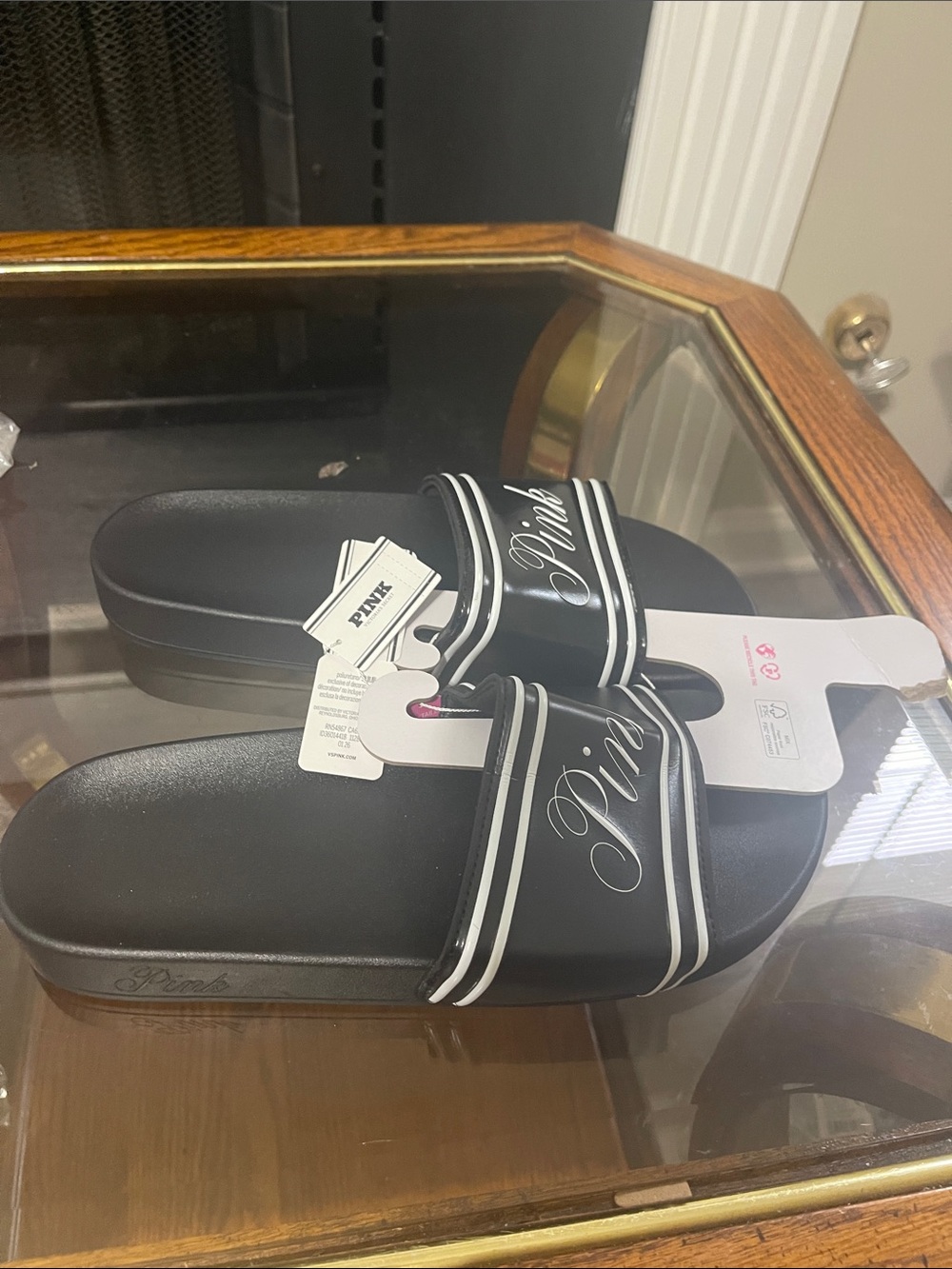 PINK Victoria's Secret Black Slide Sandals with White Script - Picture 2 of 7
